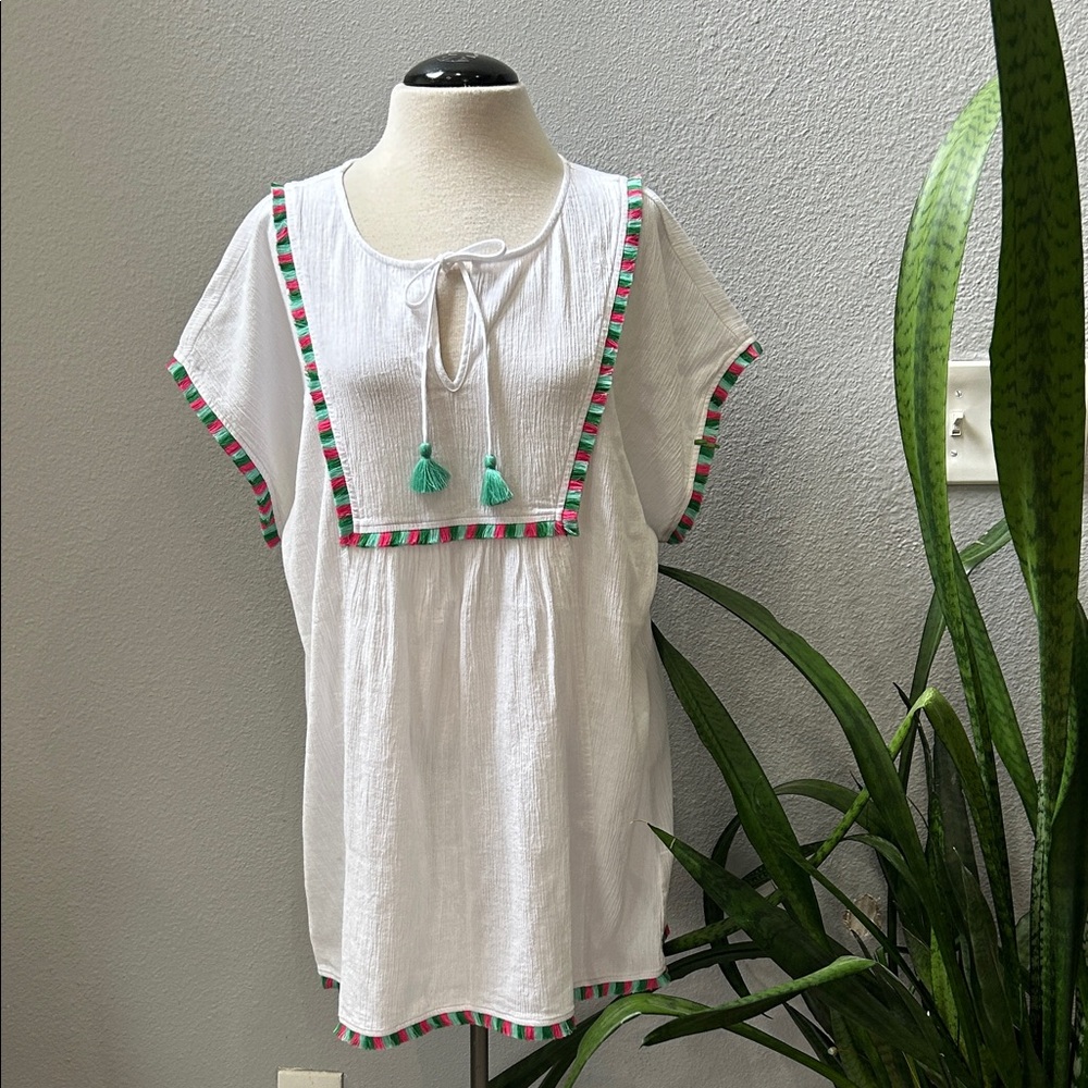 NWT J. Crew White Coverup with Colorful Trim M